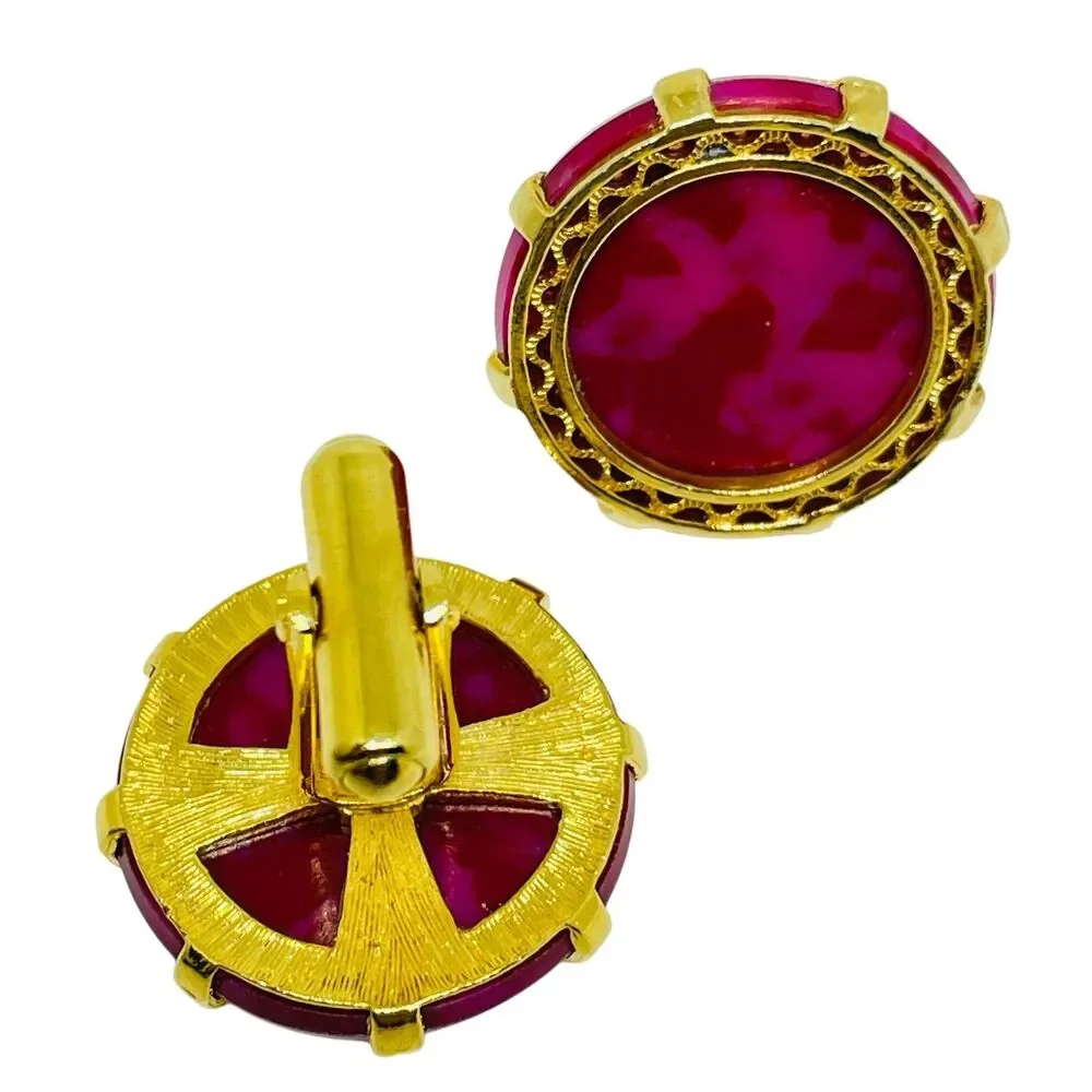 Vintage gold tone hot pink marbled glass massive designer cufflinks